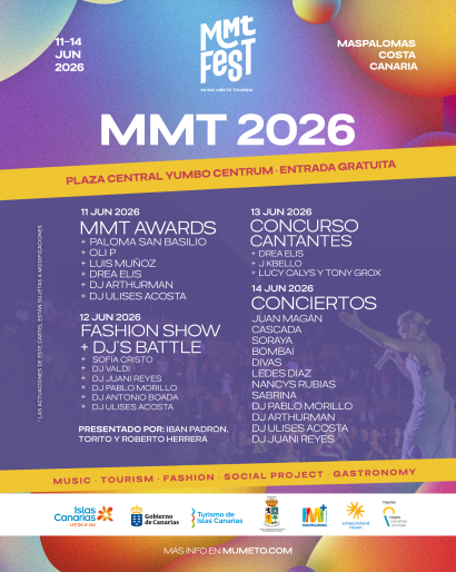Cartel oficial MMT Fest 2026 en Maspalomas con Juan Magán, Cascada, Soraya, Sabrina, Bombai, Oli.P, DJs internacionales y actividades de Music Meets Tourism en Gran Canaria