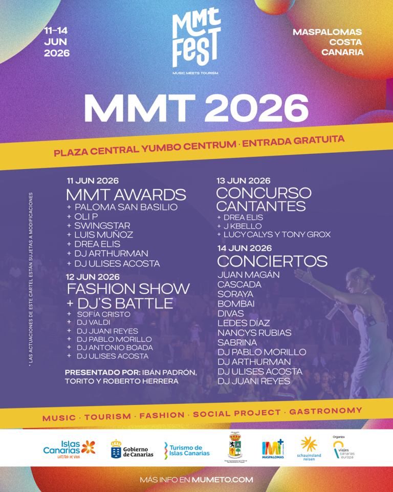 Cartel oficial MMT Fest 2026 en Maspalomas con Juan Magán, Cascada, Soraya, Sabrina, Bombai, Oli.P, DJs internacionales y actividades de Music Meets Tourism en Gran Canaria