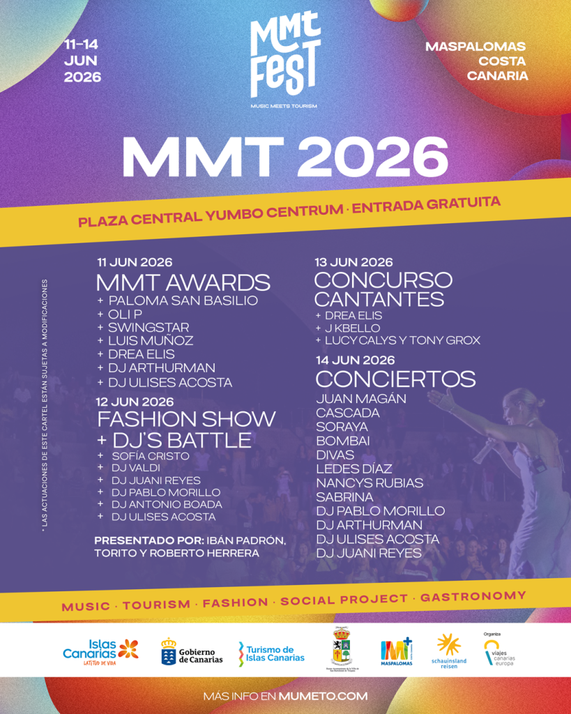 Cartel oficial MMT Fest 2026 en Maspalomas con Juan Magán, Cascada, Soraya, Sabrina, Bombai, Oli.P, DJs internacionales y actividades de Music Meets Tourism en Gran Canaria