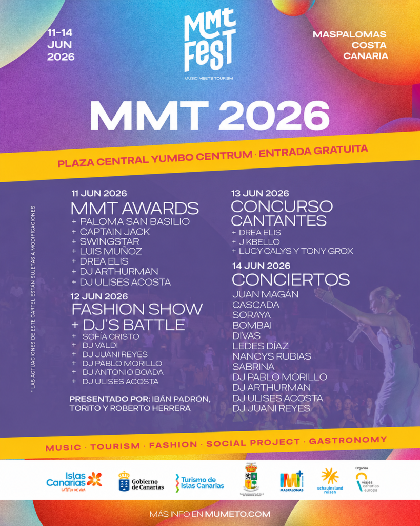 Cartel completo de MMT Fest 2026 en Maspalomas con conciertos, MMT Awards, Fashion Show, DJ Battle y Concurso de Cantantes